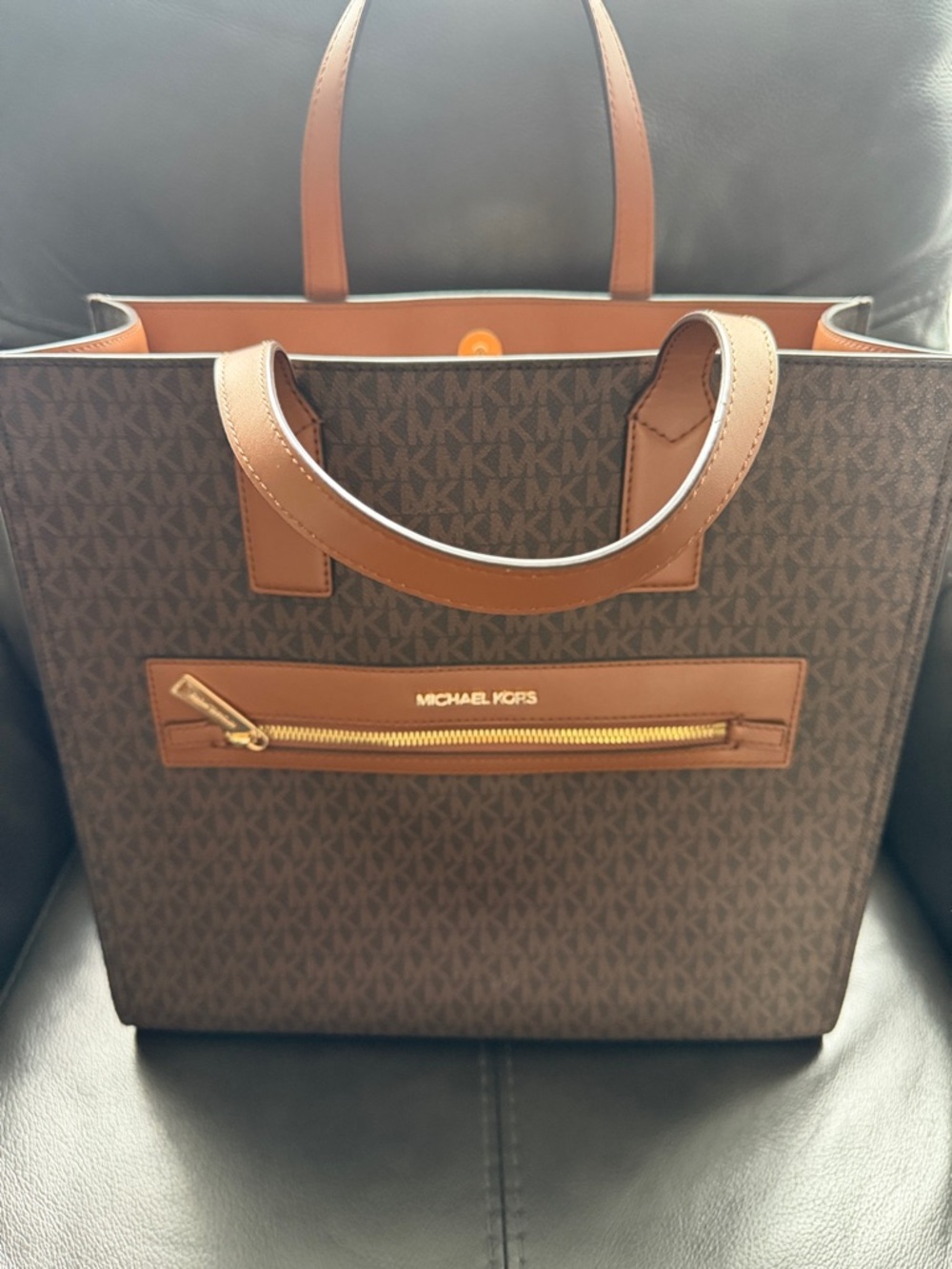 Michael Kors Brown and Tan MK Logo Tote with Gold Hardware